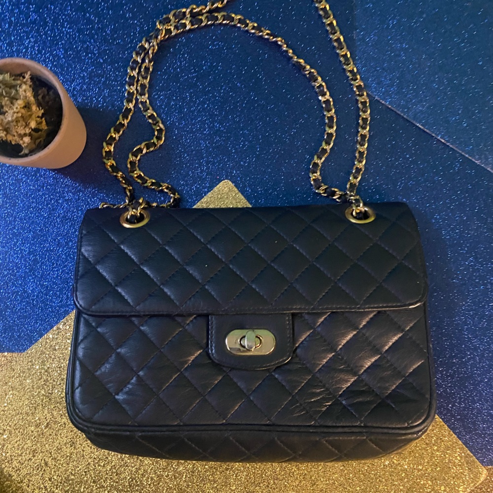 KORET VNTG MIDNIGHT NAVY GOLD QUILTED LEATHER CROSSBODY LUX Bag GORG RARE M - Picture 6 of 15